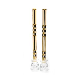 Check & Stripe Dinner Candles – Black & Gold – Set of 2