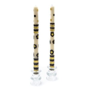 Mod Flower Dinner Candles – Black & Gold Rick Rack – Set of 2