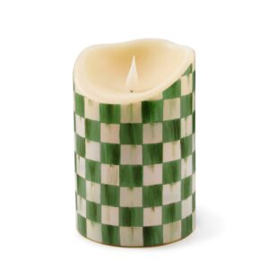 Check Flameless Pillar Candle – Emerald Check, 6″