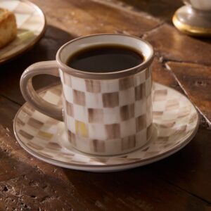 Courtly Check Espresso Cup & Saucer, Set of 2 – Mocha Check