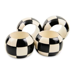 Black and White Check Wood Napkin Rings, Set of 4