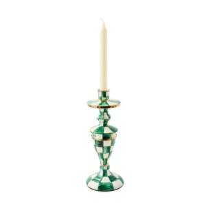 Enamel Dinner Candlestick Holder – Emerald Check, Medium