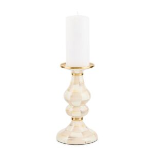 Enamel Pillar Candlestick Holder – Mocha Check, Medium