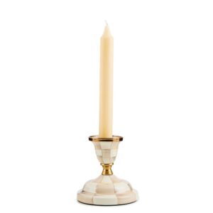 Enamel Dinner Candlestick Holder – Mocha Check, Short